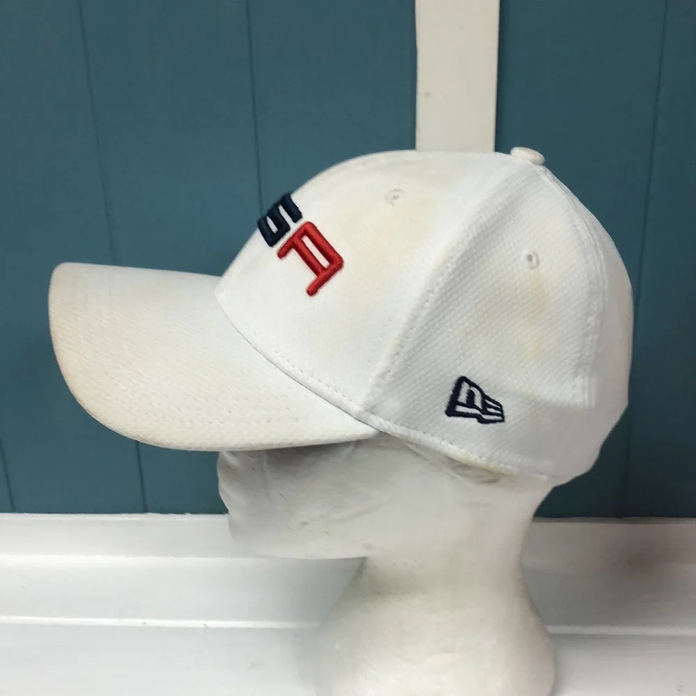 New Era GOLF USA 2016 Hat‎ Cap Flex Fit White Blue Pre Owned size S/M